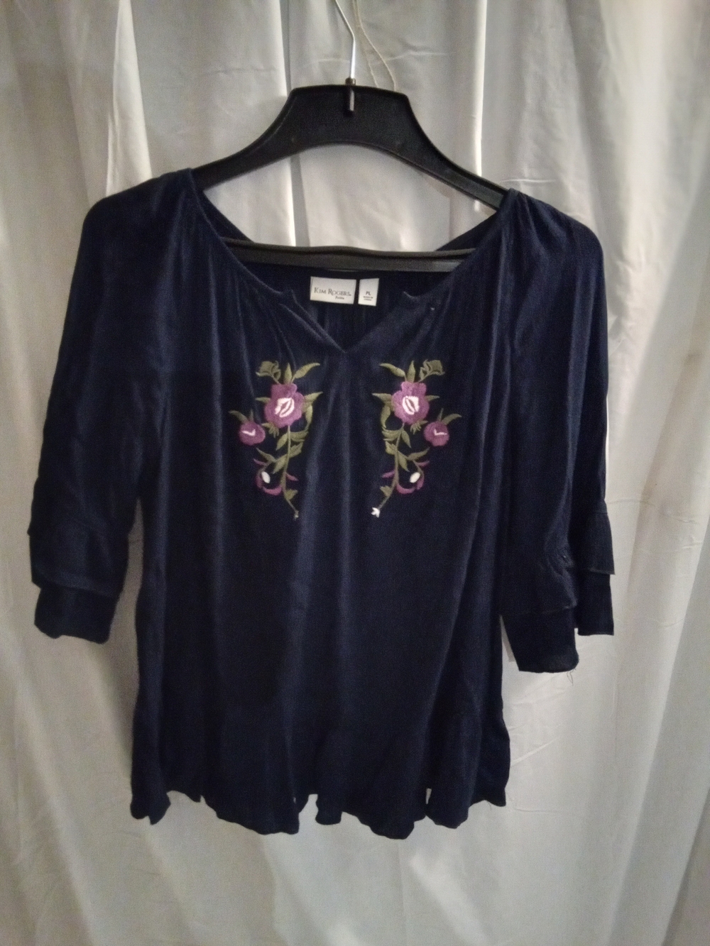 Kim Rogers Petite‎ Large Navy Blouse Pink Floral Embroidery 3/4 Sleeve Top PL